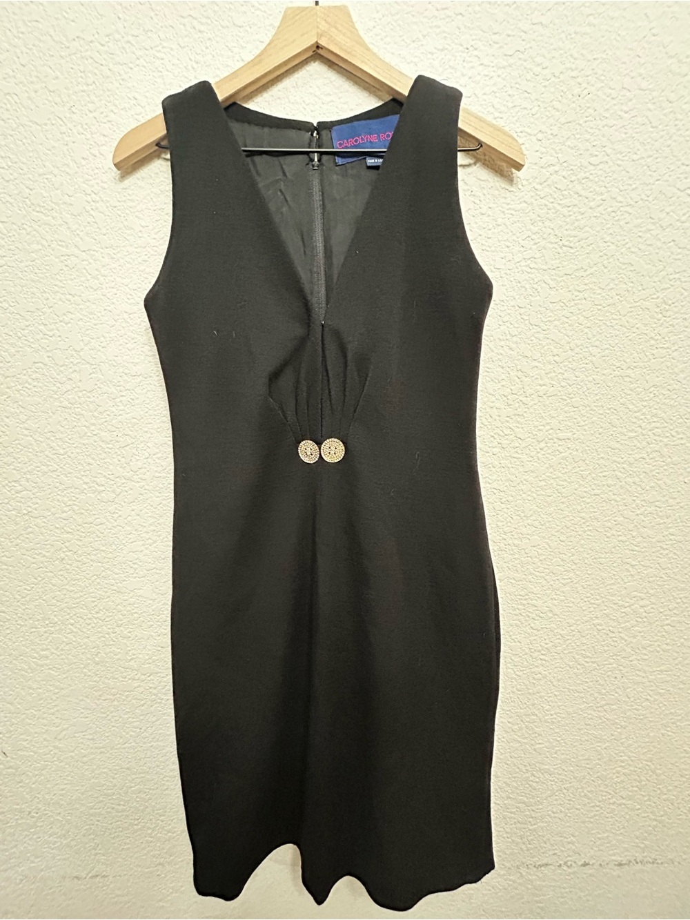 VTG 1980s Carolyne Roehm Black Dress Plunging V-Neck Embellished Buttons Luxury